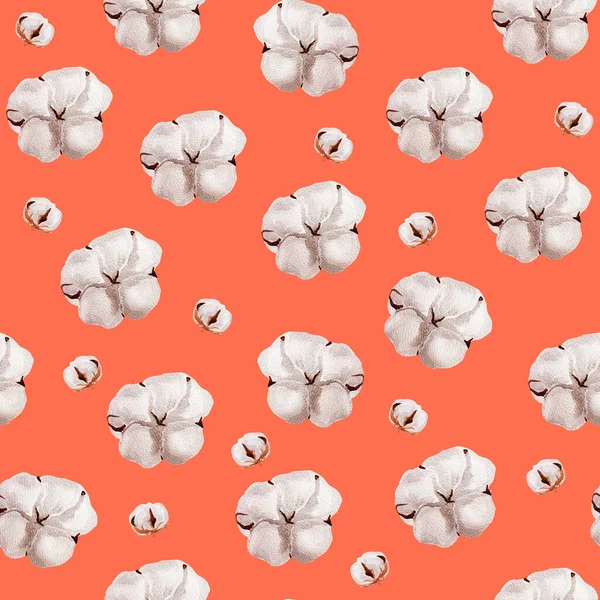 Bílé Bavlněné Květy Korálové Akvarel Bezešvný Vzor Šablona Pro Zdobení — Stock fotografie