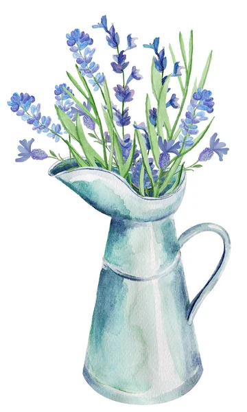 Jarro Com Buquê Lavanda Ilustração Aquarela Modelo Para Decorar Desenhos — Fotografia de Stock