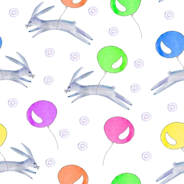 Белый Кролик Воздушный Шар Акварельная Иллюстрация Руки Шаблон Оформления Дизайнов — стоковое фото