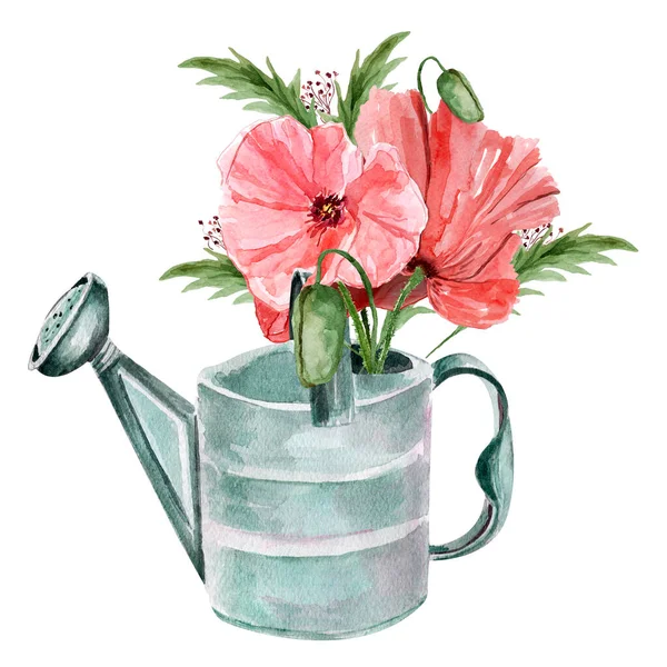 Watering Can Bouquets Poppies Watercolor Template Decorating Designs Illustrations — Stock Photo, Image
