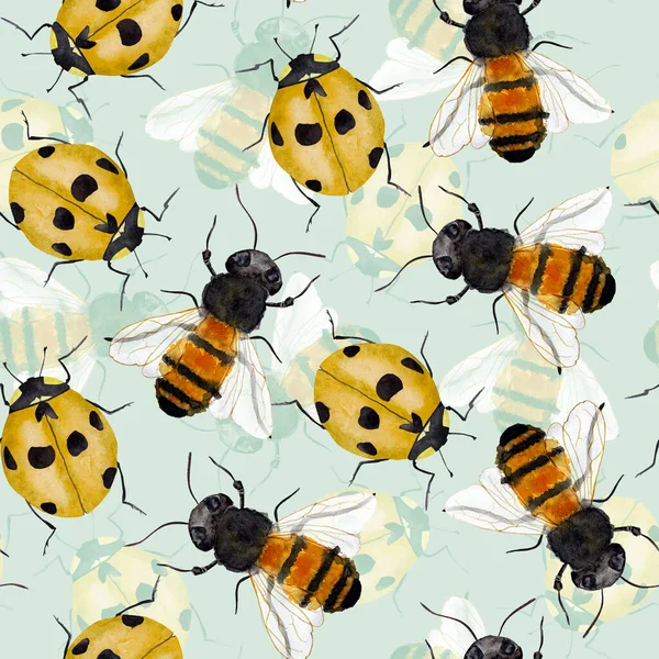 Μέλισσες Και Κίτρινο Σκαθάρι Μαύρες Κηλίδες Υδατογραφία Αδιάλειπτη Μοτίβο Πρότυπο — Φωτογραφία Αρχείου