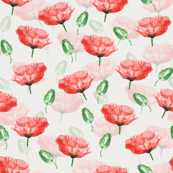 Blooming Red Poppies Field Watercolor Seamless Pattern Template Decorating Designs — ストック写真