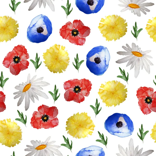 Blooming Summer Wildflowers Watercolor Seamless Pattern Template Decorating Designs Illustrations — Photo