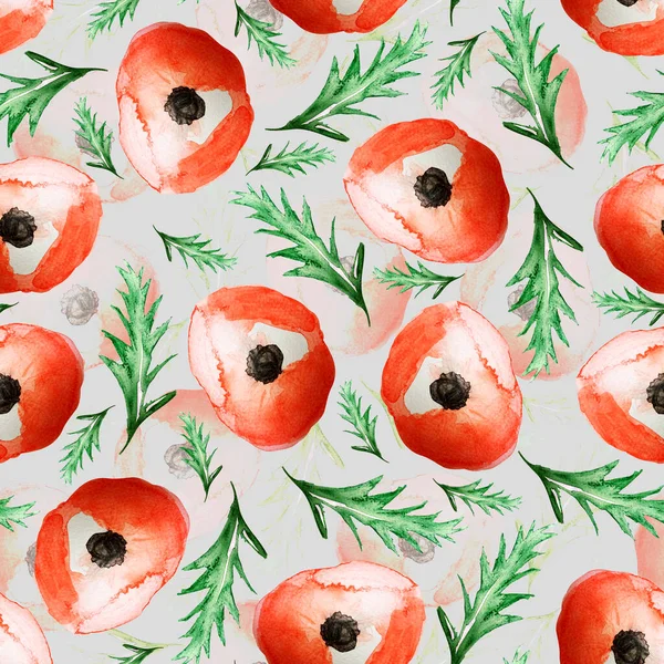 Poppy Spots Leaves Watercolor Seamless Pattern Template Decorating Designs Illustrations — Fotografia de Stock