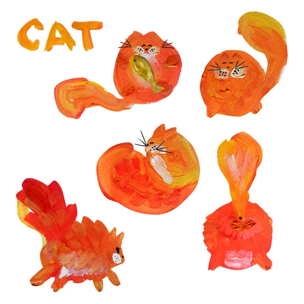 Ginger Cat Drawing Gouache Paints Illustration Set — Photo