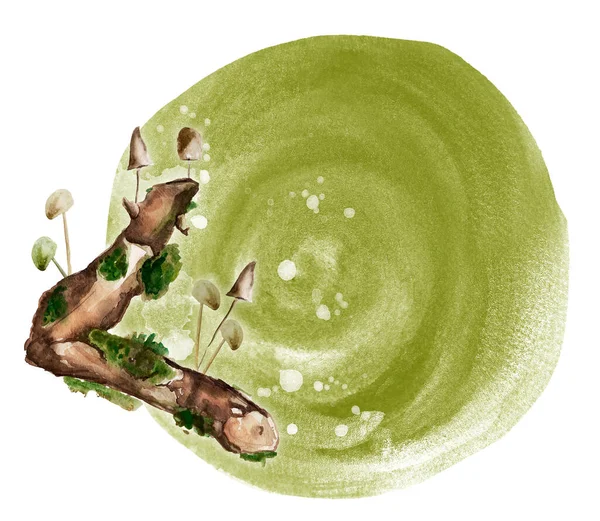 Branch with moss and mushrooms in the forest camouflage brush watercolor spot background. Template for decorating designs and illustrations.