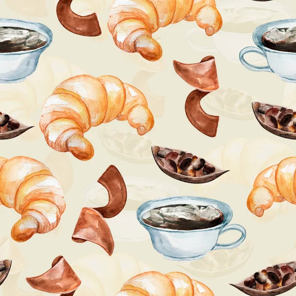 Cocoa Croissant Chocolate Watercolor Seamless Pattern Template Decorating Designs Illustrations — Stock Photo, Image