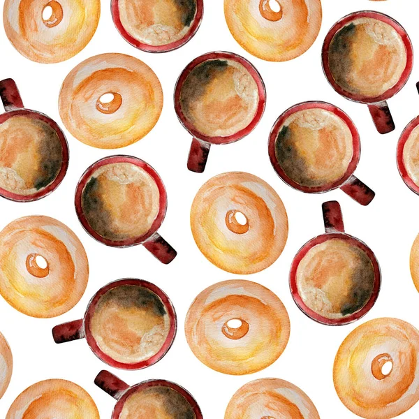 Cup Coffee Donut Watercolor Seamless Pattern — Fotografia de Stock