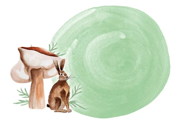 Hare Mushroom Green Watercolor Spot Background Template Decorating Designs Illustrations — Stock fotografie