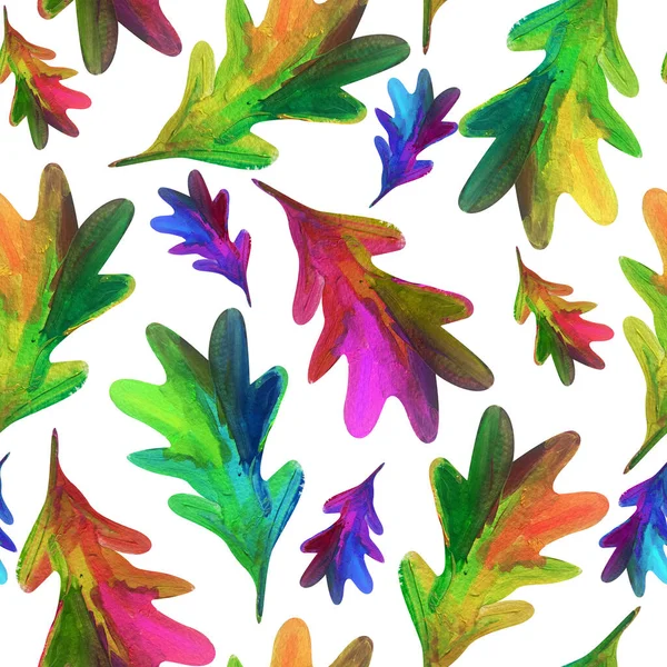 Multicolored Oak Leaves Gouache Watercolor Seamless Pattern Template Decorating Designs — стоковое фото