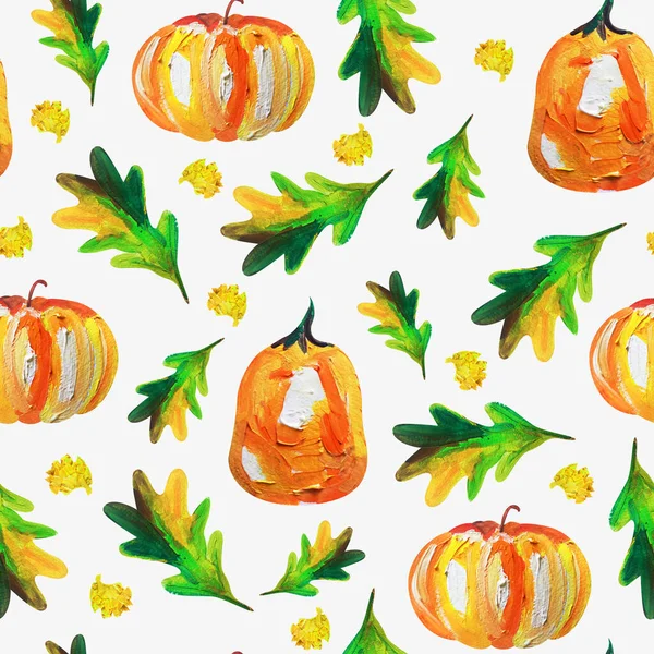 Pumpkins Oak Leaves Gouache Watercolor Seamless Pattern Template Decorating Designs — 图库照片