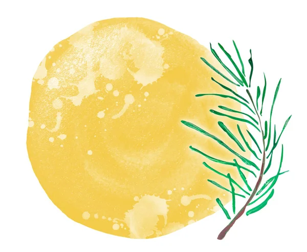 Branch Pinewith Needles Background Yellow Spots Splashes Watercolor Gouache Background — Stock fotografie