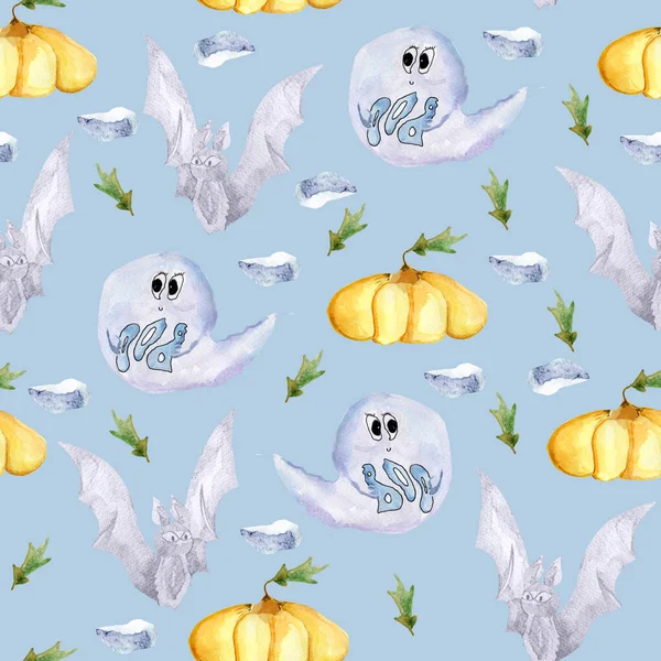 Ghosts Bat Pumpkin Halloween Watercolor Seamless Pattern — стоковое фото