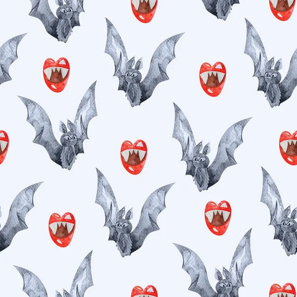 Bat and vampire teeth halloween watercolor seamless pattern