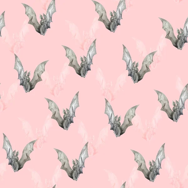 Bat Pink Halloween Watercolor Seamless Pattern — стоковое фото