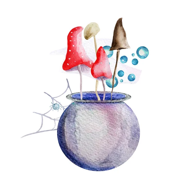 Cauldron Mushrooms Witchcraft Potion Watercolor Collage Template Decorating Designs Illustrations — Photo