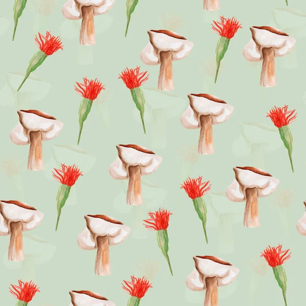 Mushrooms Red Flowers Watercolor Seamless Pattern Template Decorating Designs Illustrations — Stock Photo, Image