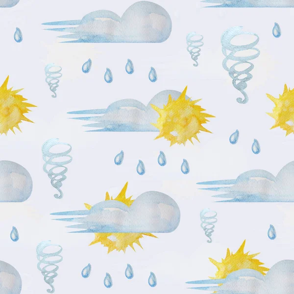 Sun, cloud, tornado, weather, rain watercolor seamless pattern. Template for decorating designs and illustrations.