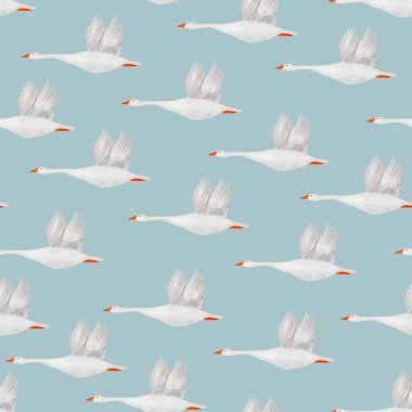 Flying geese in the sky watercolor seamless pattern. Template for decorating designs and illustrations.
