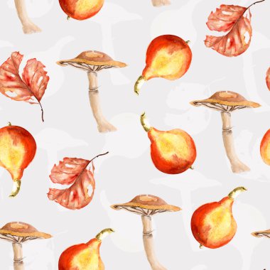 Pumpkin, mushroom, dry leaf autumn watercolor seamless pattern. Template for decorating designs and illustrations.