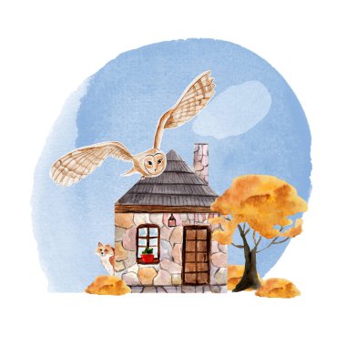 Owl flight over stone house, fox, collage autumn watercolor illustration. Template for decorating designs and illustrations.