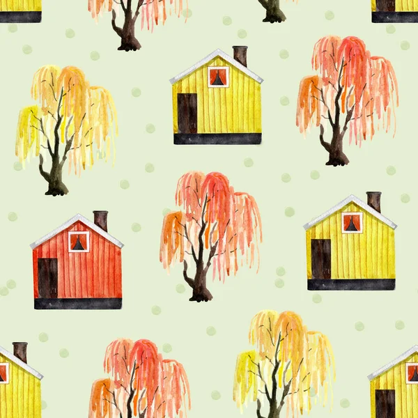 Bright scandinavian houses, willow, tree watercolor seamless pattern. Template for decorating designs and illustrations.