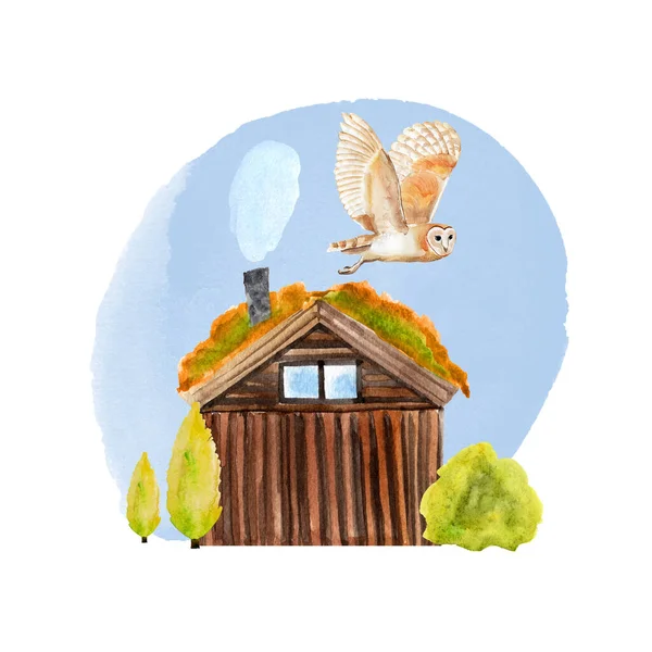 Collage Owl Wooden House Smoke Pipes Tree Watercolor Illustration Template — Foto de Stock