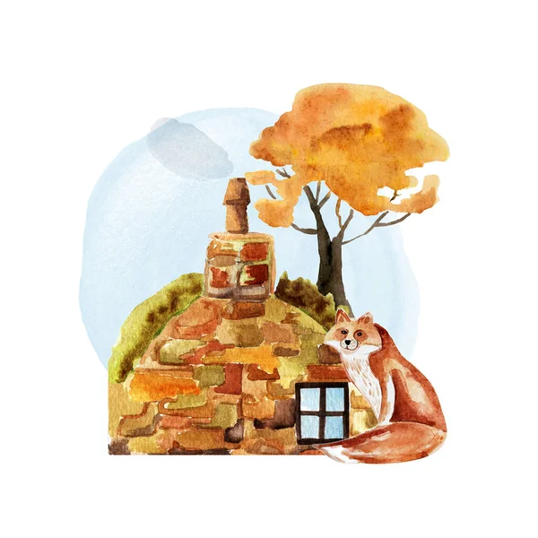 Fox Stone House Autumn Tree Watercolor Illustration — Foto de Stock