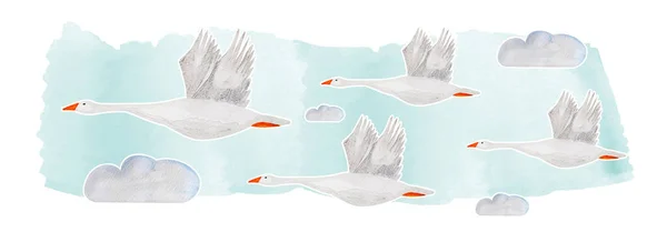 Geese flying in the sky wed watercolor illustration. Template for decorating designs and illustrations.
