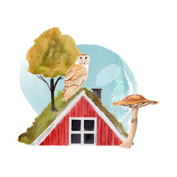 Owl on a Scandinavian house, mushroom, tree, moss watercolor illustration. Template for decorating designs and illustrations.