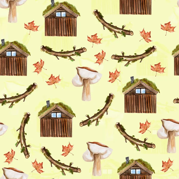 Wooden house in the forest, moss branch, mushroom watercolor seamless pattern. Template for decorating designs and illustrations.