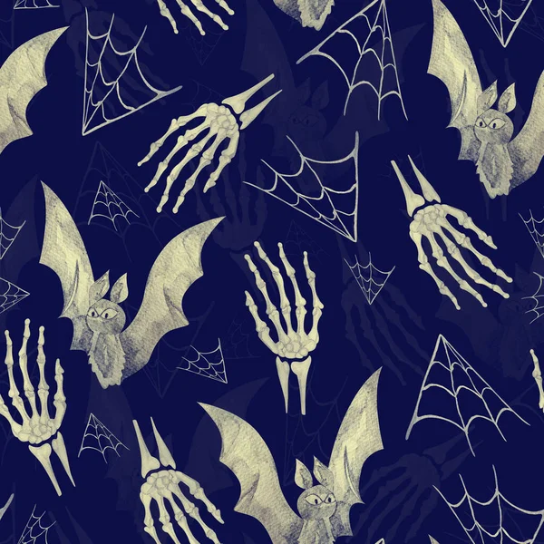 Bat Skeleton Cobweb Watercolor Seamless Pattern Template Decorating Designs Illustrations — Stok fotoğraf