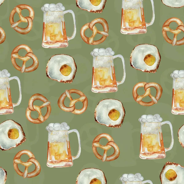Fried Egg Beer Foam Pretzel Watercolor Seamless Pattern — Stok fotoğraf