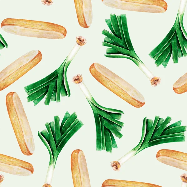 Sliced baguette and onion watercolor seamless pattern. Template for decorating designs and illustrations.