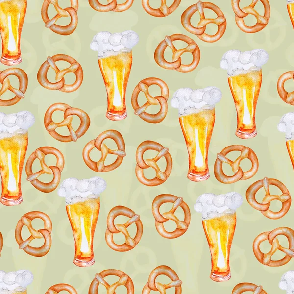 Pretzel Glass Beer Foam Watercolor Seamless Pattern Template Decorating Designs — Stok fotoğraf