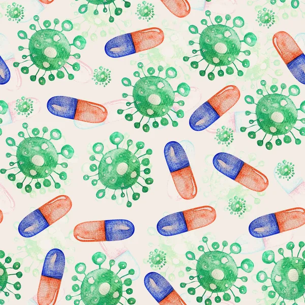 Medicine Pill Coronavirus Watercolor Seamless Pattern Template Decorating Designs Illustrations — Stock Photo, Image