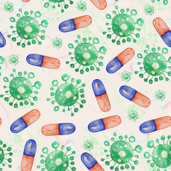 Medicine, pill, coronavirus watercolor seamless pattern. Template for decorating designs and illustrations.