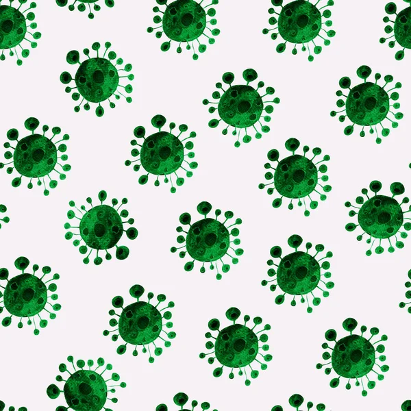 Green coronavirus bacterium watercolor seamless pattern. Template for decorating designs and illustrations.