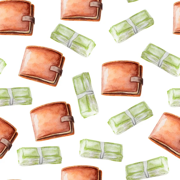 Brown Wallet Wad Money Watercolor Seamless Pattern Template Decorating Designs — Stock Photo, Image