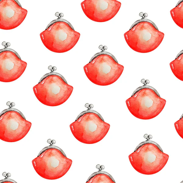 Red retro purse watercolor seamless pattern. Template for decorating designs and illustrations.