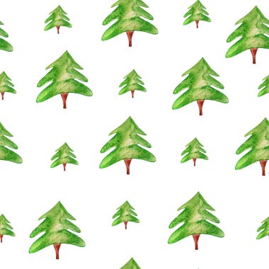 Green fir trees in the forest watercolor seamless pattern. Template for decorating designs and illustrations.