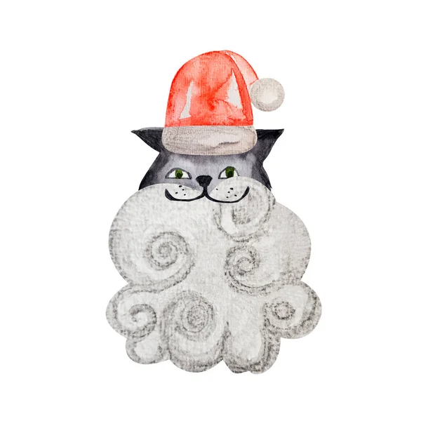 Cat Beard Santa Claus Hat Watercolor Isolated Element Template Decorating — Fotografia de Stock