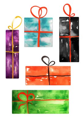 Hediye kutuları suluboya elementleri ayarlandı. Tasarım ve çizimler için şablon.