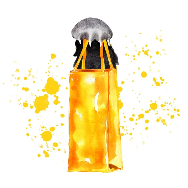 Pata Preta Segurando Saco Amarelo Ilustração Aquarela Modelo Para Decorar — Fotografia de Stock