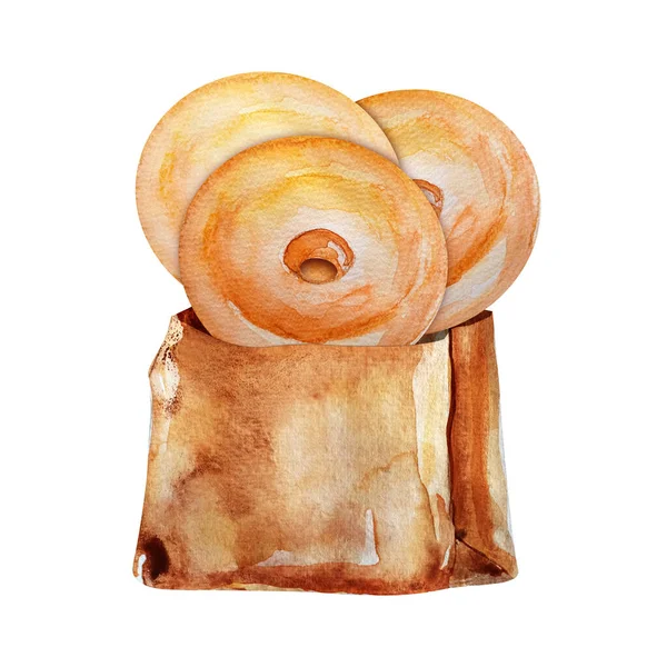 Donuts Einer Papiertüte Aquarell Illustration — Stockfoto