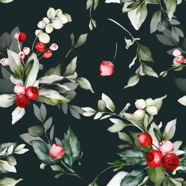 Suluboya tarzında böğürtlen ve dallarla kusursuz Noel deseni.