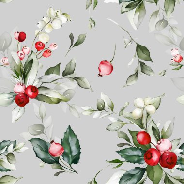 Suluboya tarzında böğürtlen ve dallarla kusursuz Noel deseni.