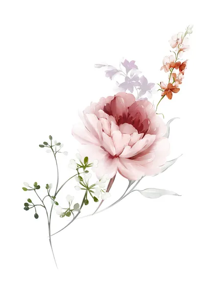 Beyaz Arka Planda Bir Buket Çiçek Suluboya Tarzında Tebrik Kartı — Stok fotoğraf