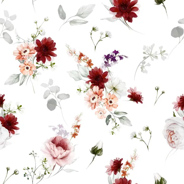 Nahtloses Blumenmuster Mit Blumensträußen Aquarell Stil — Stockfoto