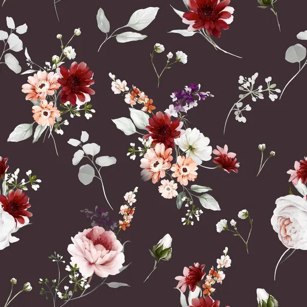 Sömlös Blommönster Med Buketter Blommor Akvarell Stil — Stockfoto
